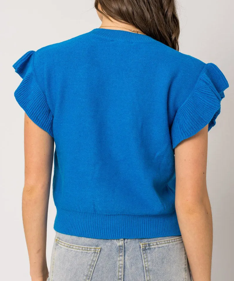 Ruffle Sleeve Knit Top - Blue