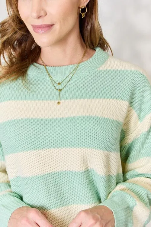 Sew In Love Full Size Contrast Striped Round Neck Sweater