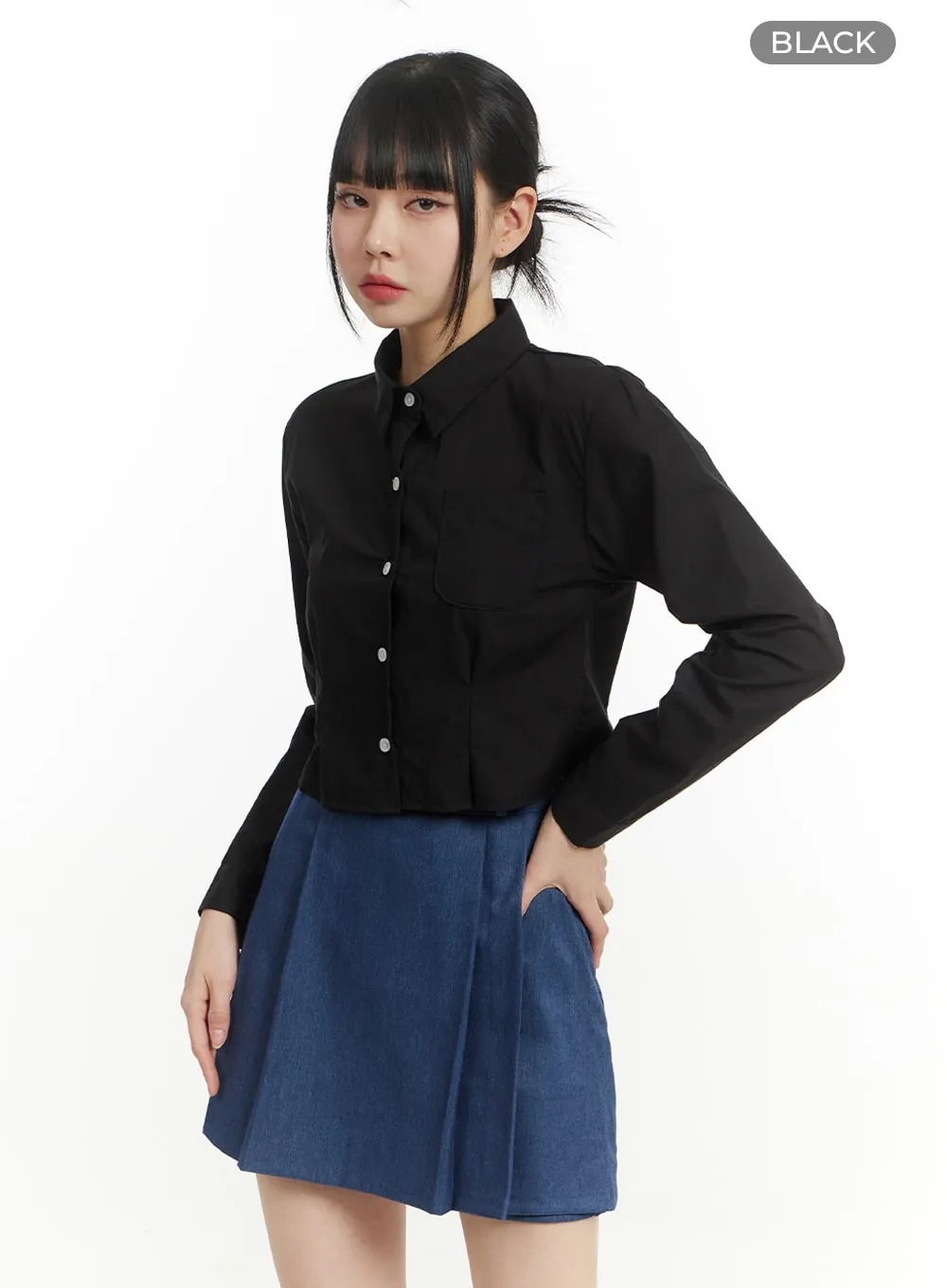 Solid Collar Cropped Long Sleeve Blouse IM406