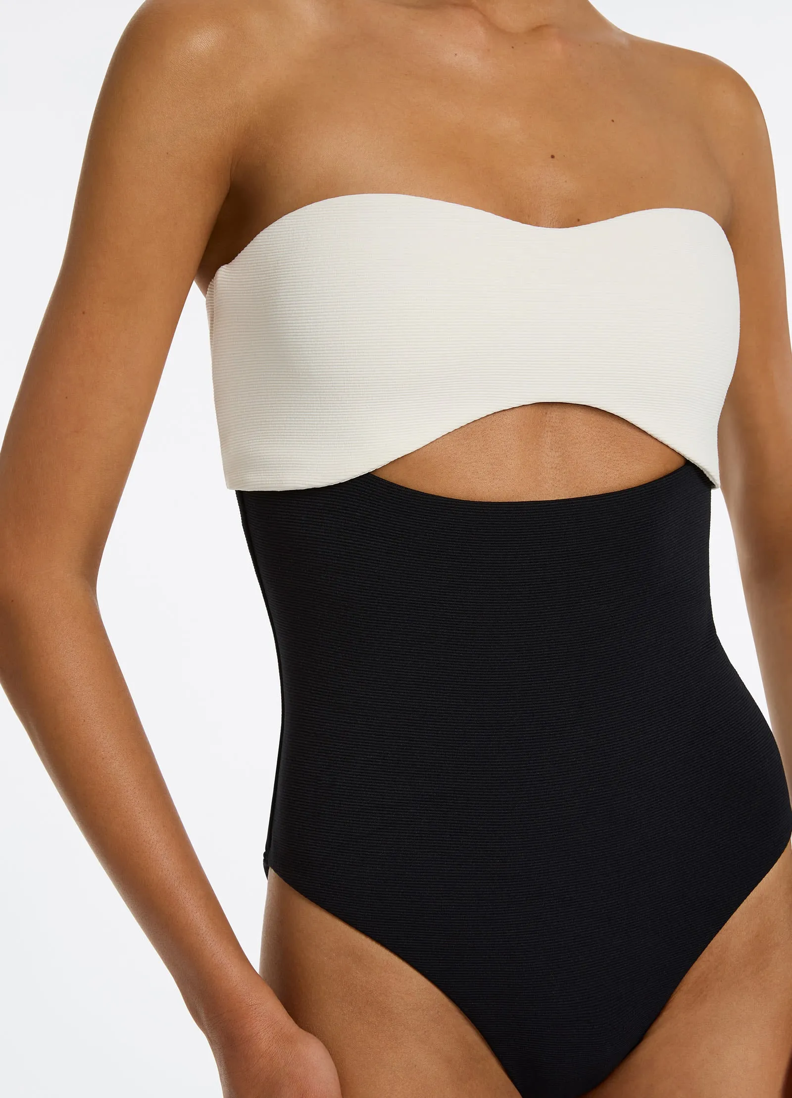 Versa Rib Cut Out Bandeau One Piece - Black/Cream