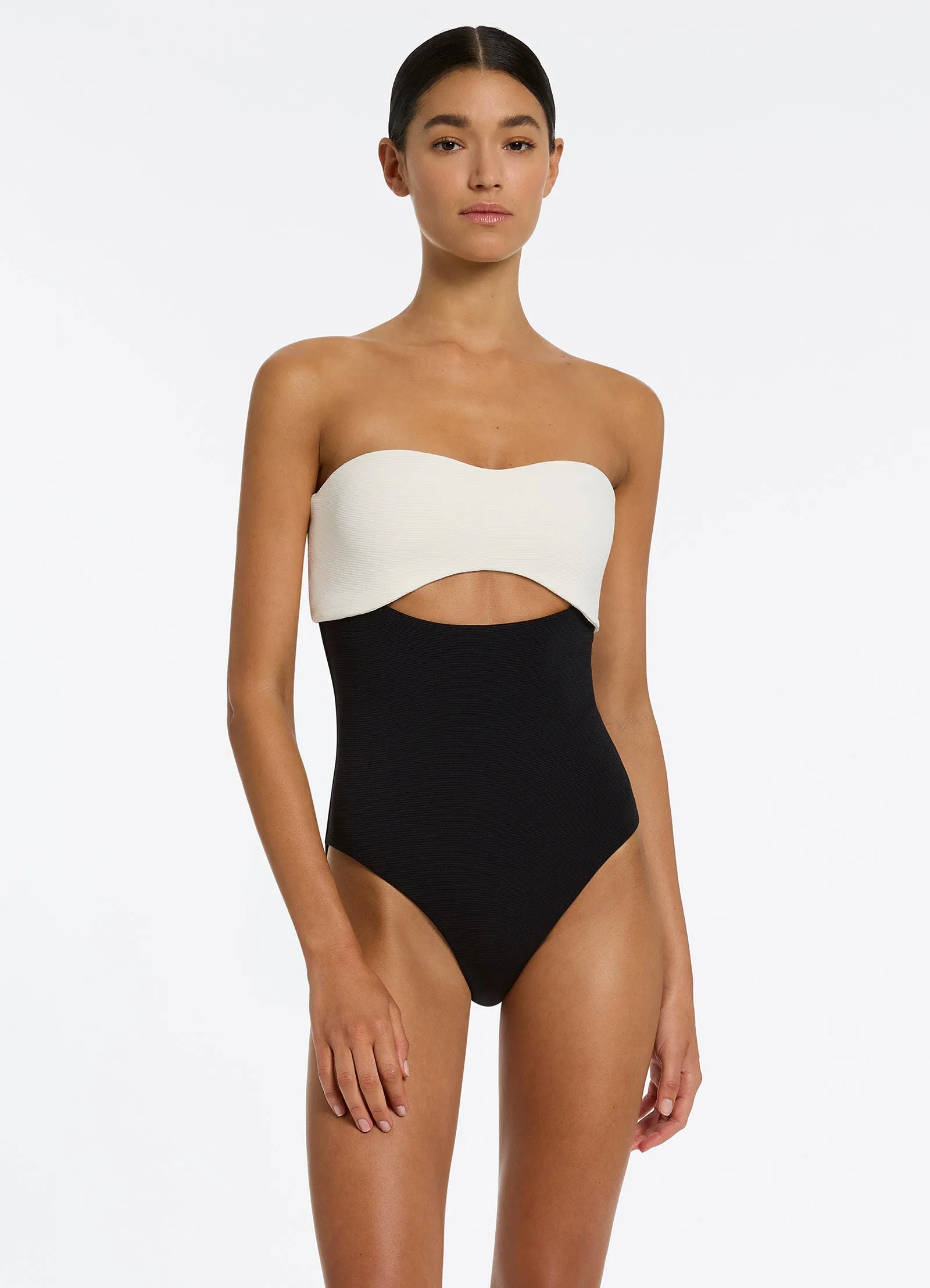 Versa Rib Cut Out Bandeau One Piece - Black/Cream