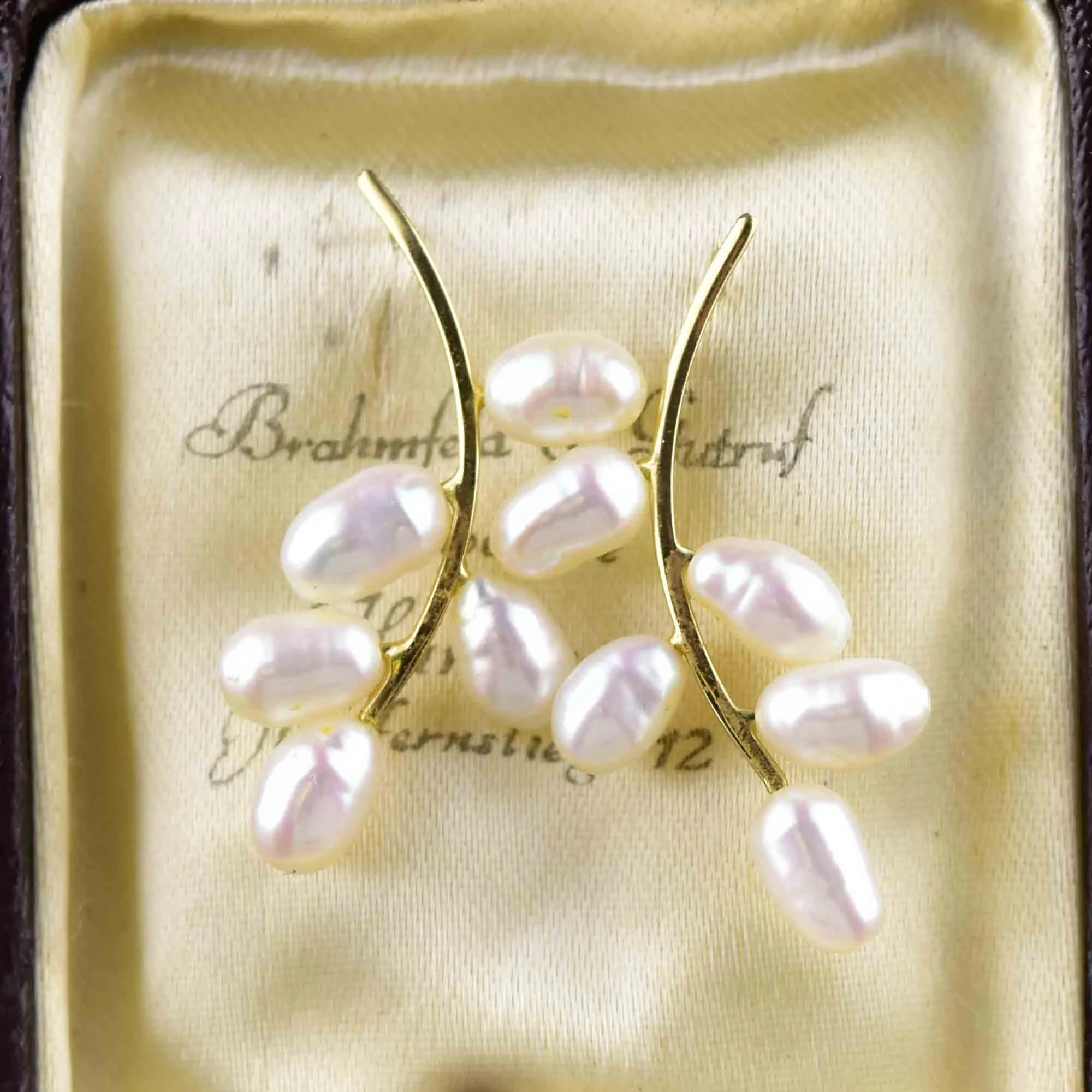 Vintage 14K Gold Bar Baroque Pearl Leaf Earrings