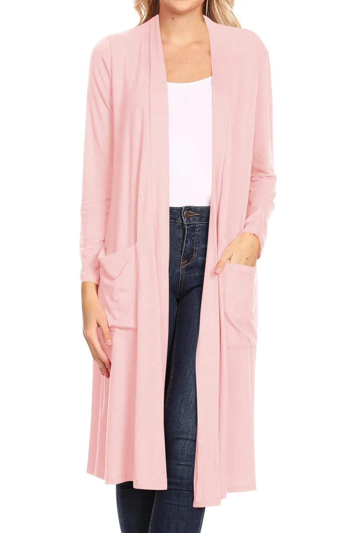 Women's Casual Loose Fit Open Front Side Pockets Solid Soft Long Cardigan