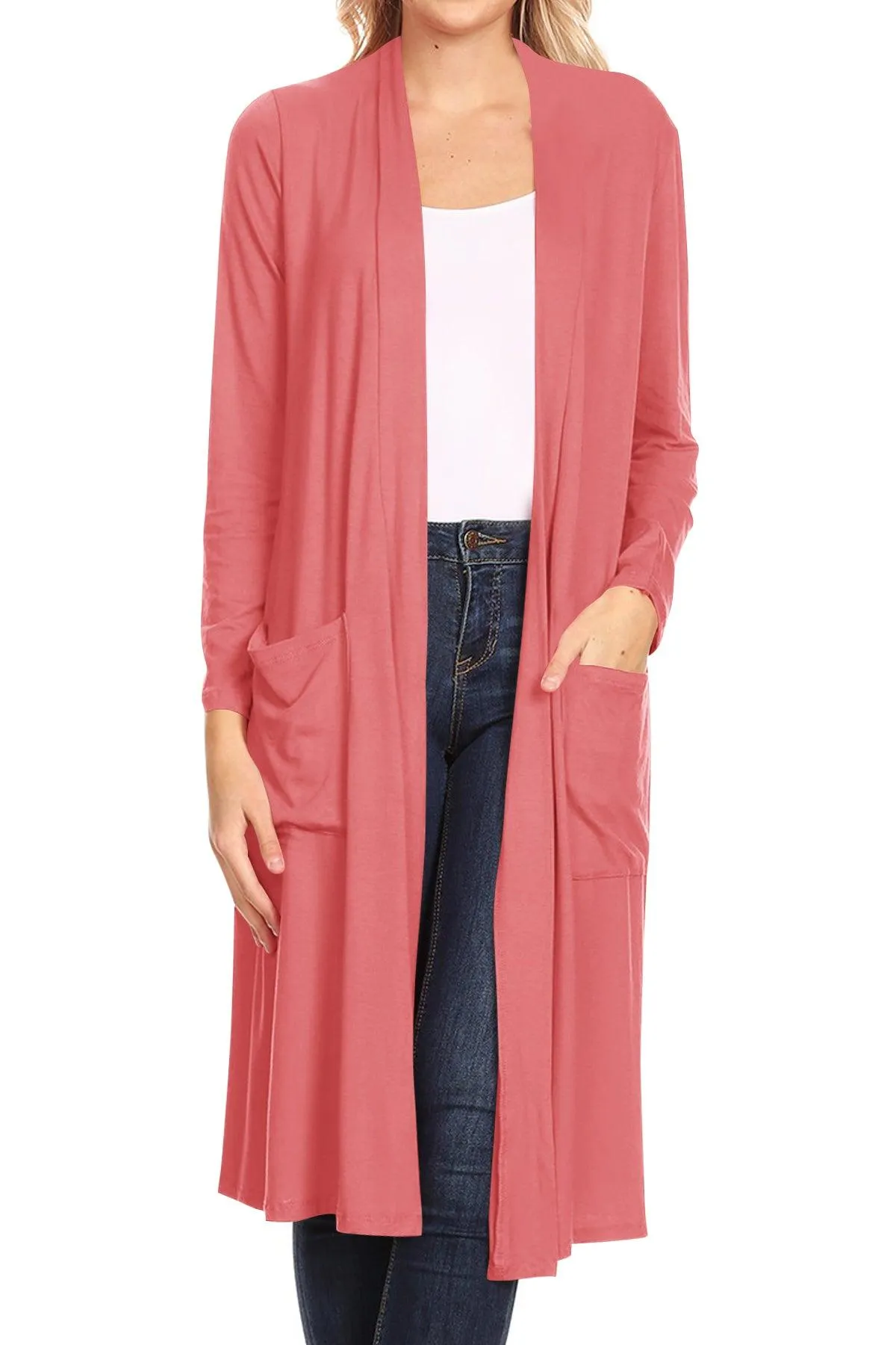 Women's Casual Loose Fit Open Front Side Pockets Solid Soft Long Cardigan