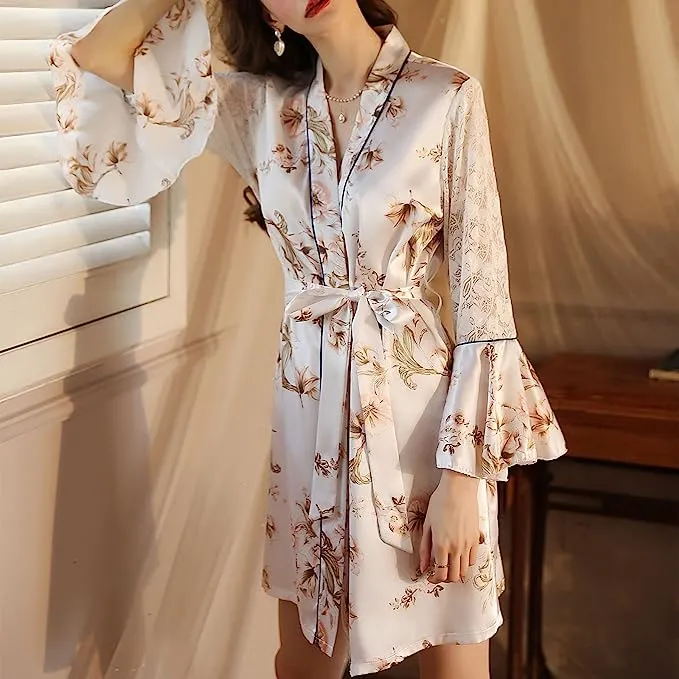 Womens Short Floral Satin Robes Ruffle Lace Mesh Long Sleeve Bathrobe Sexy Bridesmaid Silk Nightgown